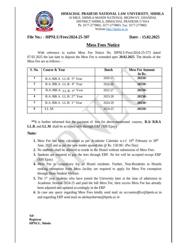 Extension of Mess Fee Notice | PDF