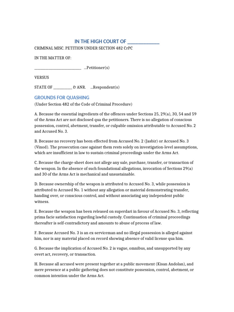 Section 482 Quashing Grounds Draft | PDF | Criminal Procedure In South ...