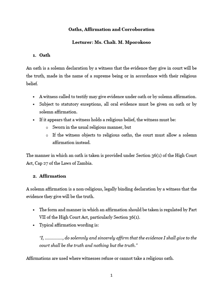 Oaths, Affirmation and Corroboration | PDF | Perjury | Oath