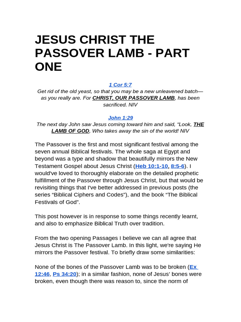 Jesus Christ The Passover Lamb - Part One | PDF | Jesus | Lamb Of God