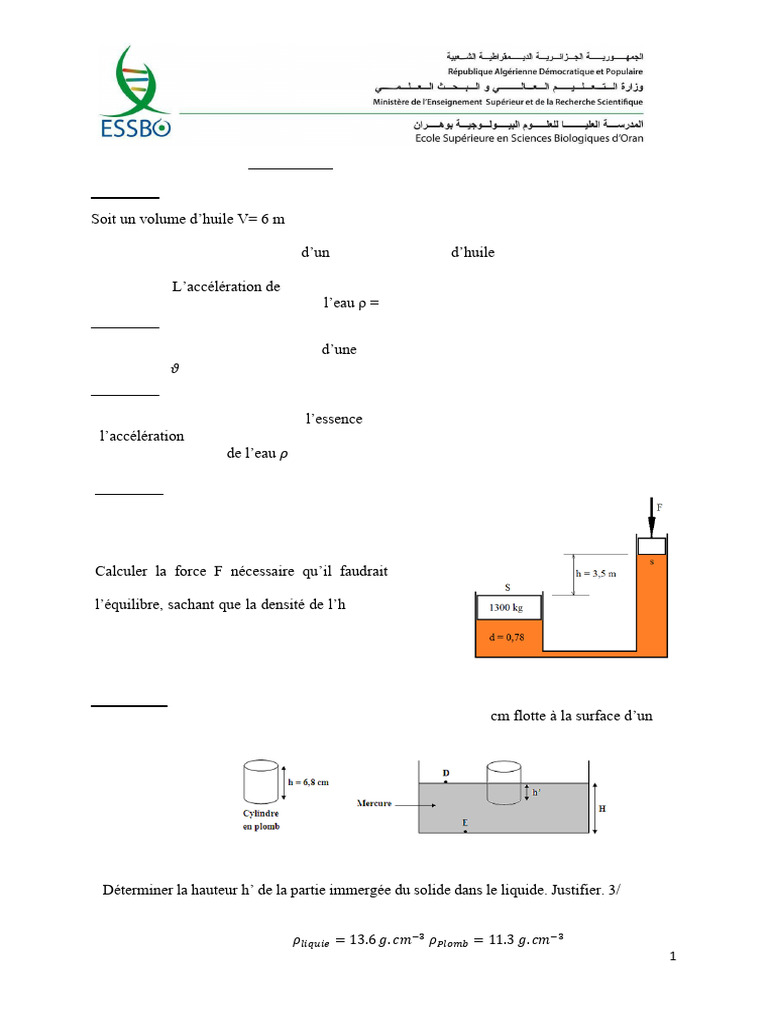 Fiche TD 1 Mécanique Des Fluides | PDF