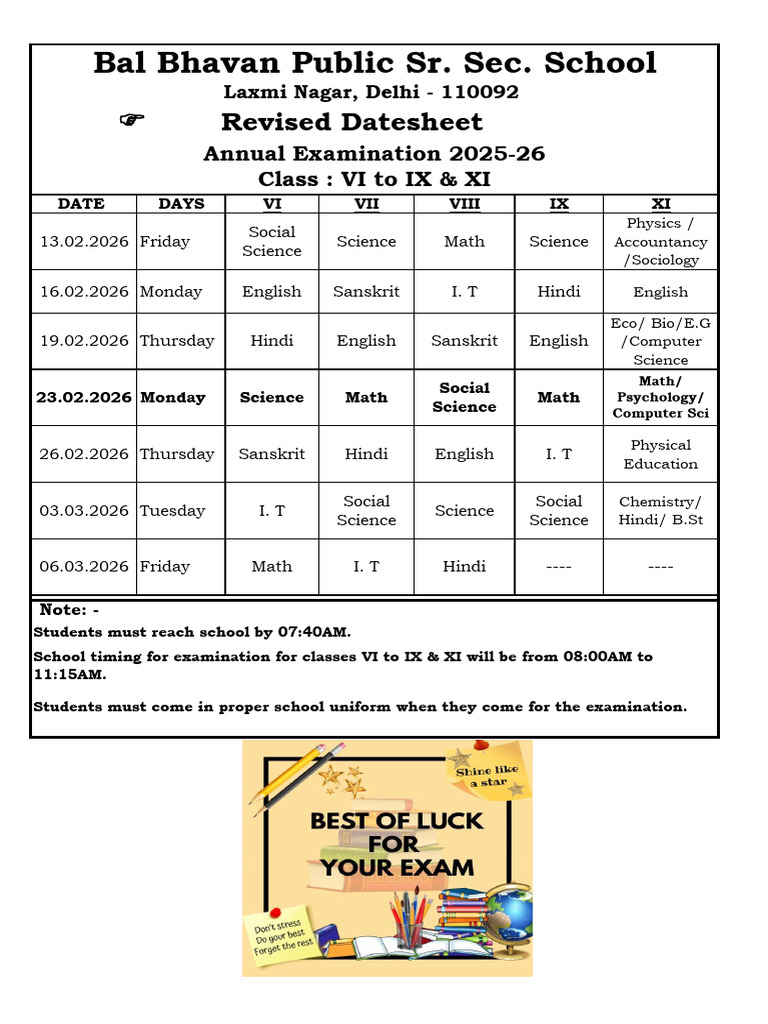 Revised Datesheet VI To IX & XI Annual Exam 2025 | PDF