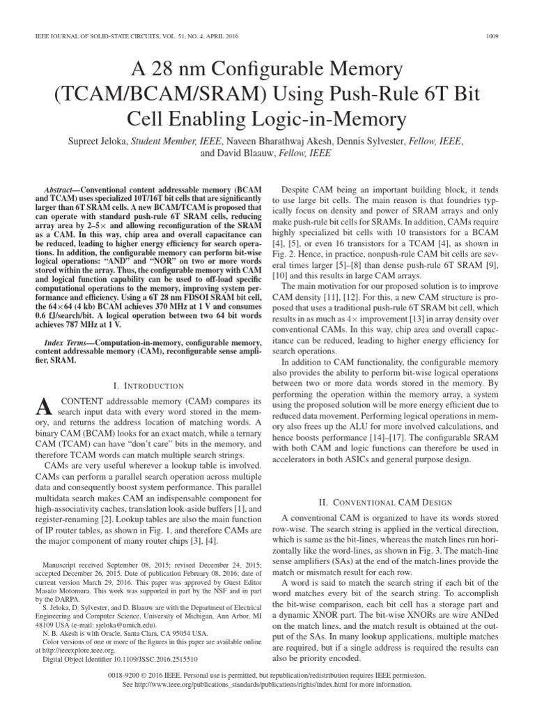 A 28 NM Configurable Memory TCAM BCAM SRAM Using Push-Rule 6T Bit Cell ...