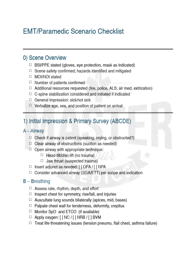MYM EMT - Paramedic Scenario Checklist | PDF | Major Trauma | Clinical ...