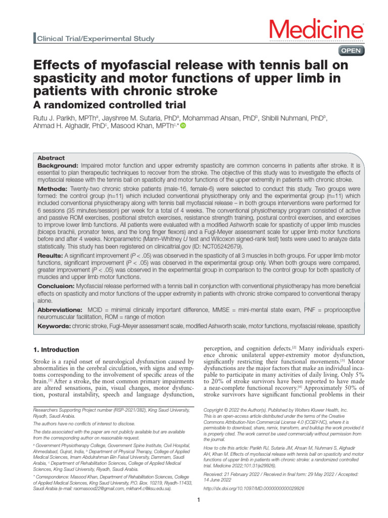 Effects of Myofascial Release With Tennis Ball on Spasticity and Motor ...
