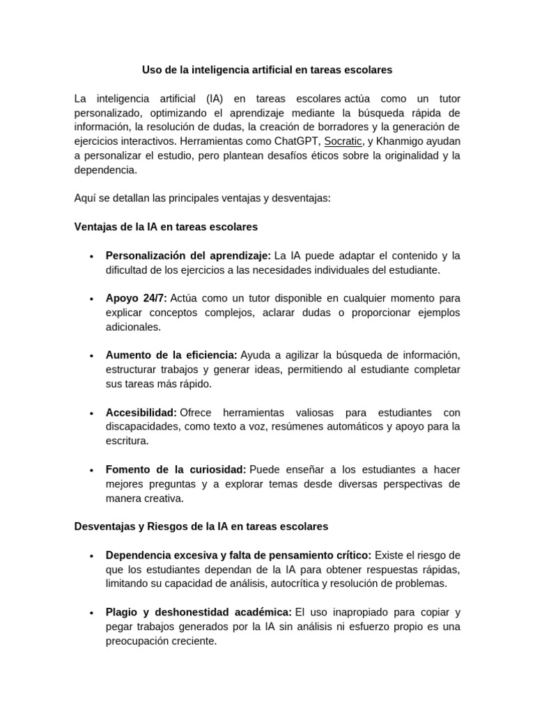Uso de La Inteligencia Artificial en Tareas Escolares - Ventajas y ...