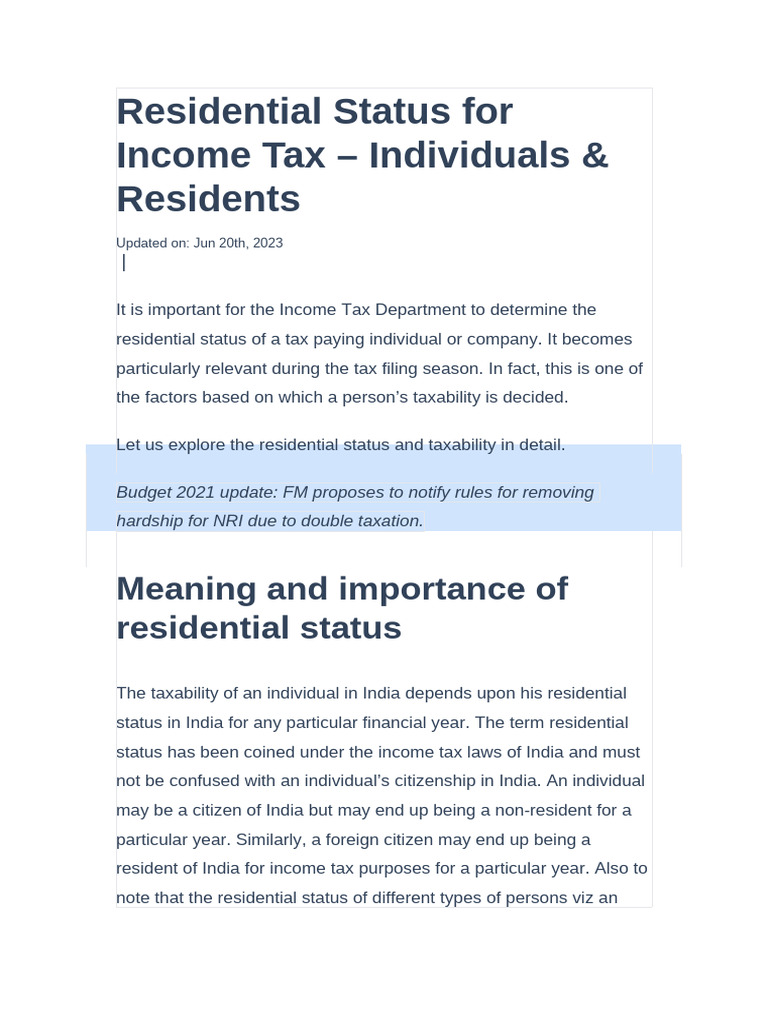 Residential Status For Income Tax - Individuals | PDF | Taxes | Income Tax