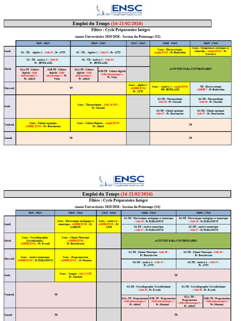 Emploi Du Temps CPI - S2-S4!16!02-2026 | PDF | Sciences physiques | Chimie