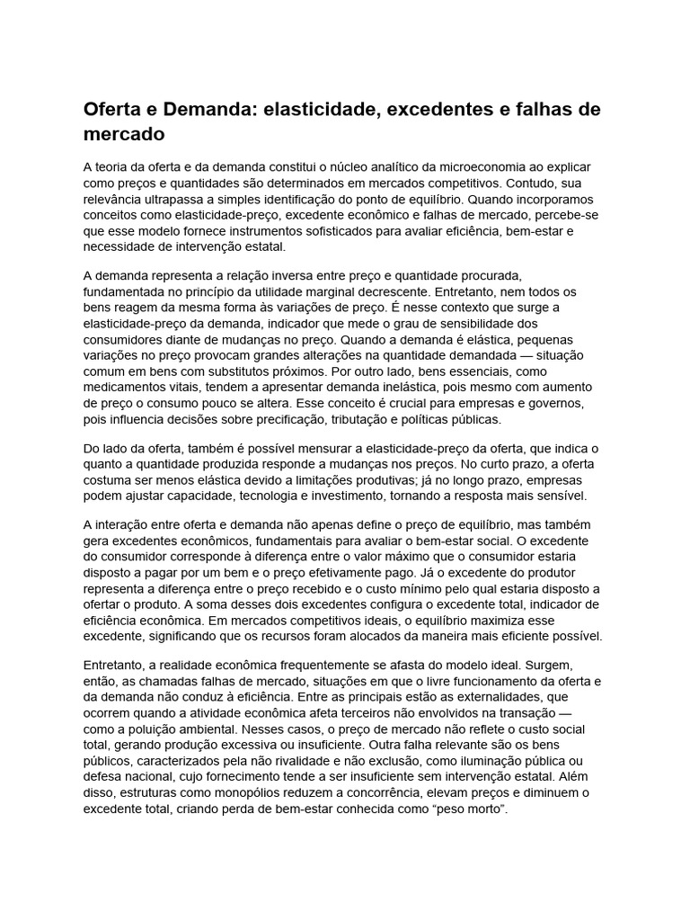 Oferta e Demanda - Elasticidade, Excedentes e Falhas de Mercado | PDF ...