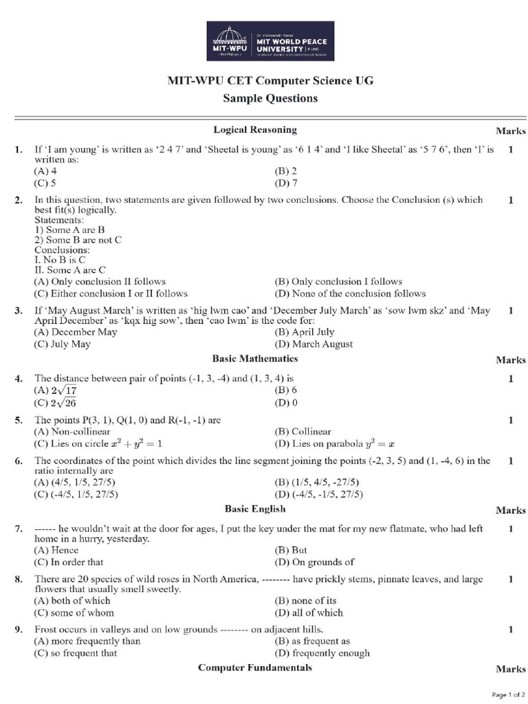 MIT-WPU CET Computer Science UG Sample Paper | PDF