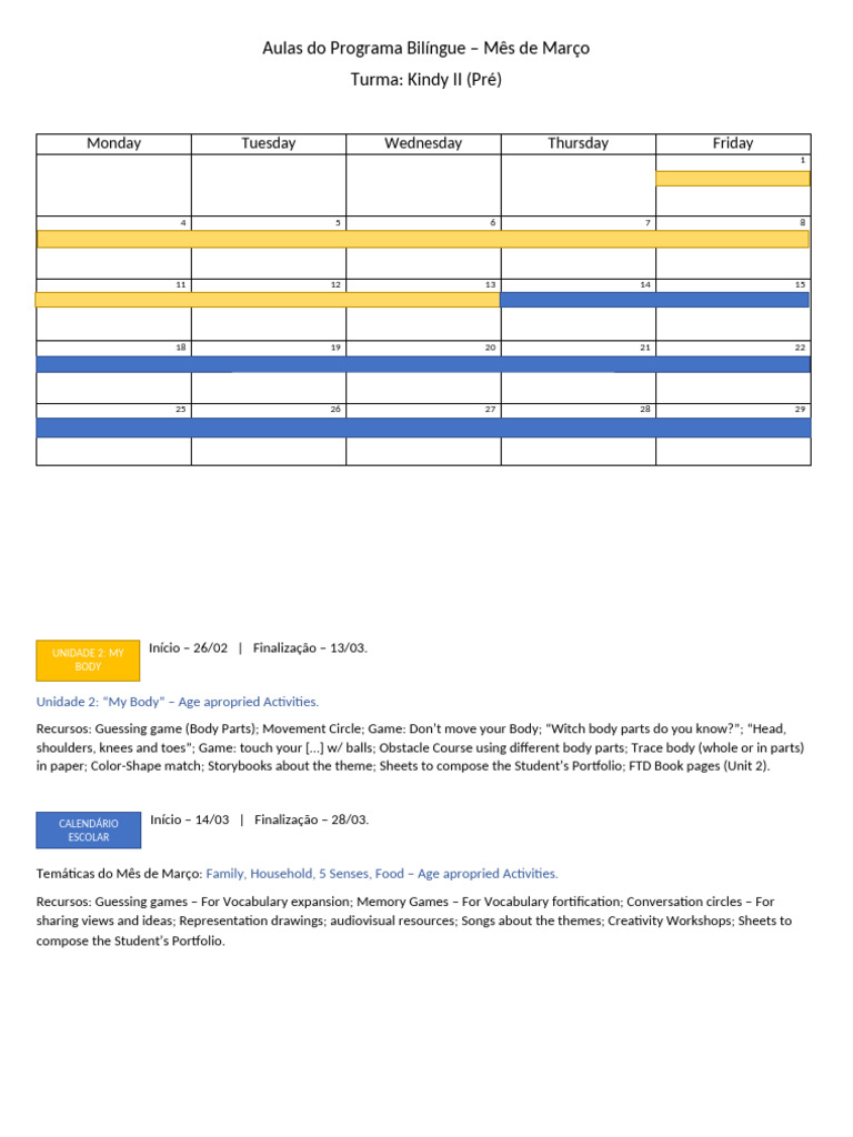 Bilingual Program Monthly Plan - March | PDF