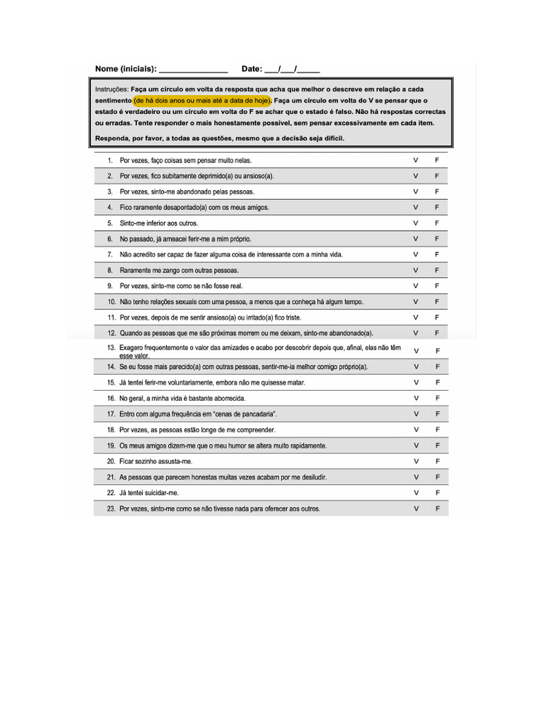 BPQ - Borderline Personality Questionnaire | PDF