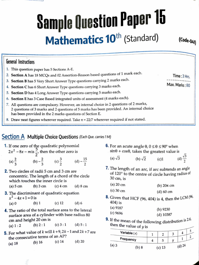 SQP 15 Class 10 Sample Question Paper 15 CBSE Maths | PDF | Chess ...