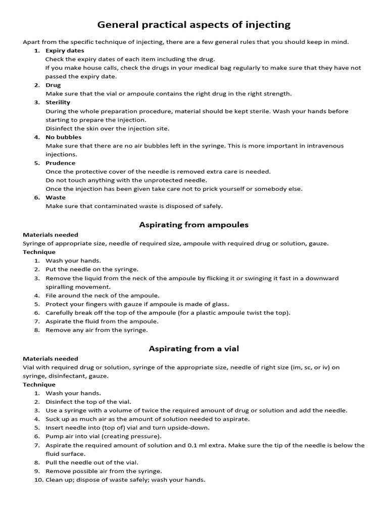 General Practical Aspects of Injecting | PDF | Syringe | Injection ...