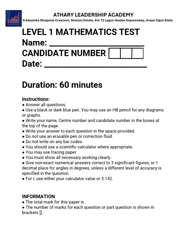 Level 1 Mathematics Test 1 Second Term 2025-2026 New | PDF ...