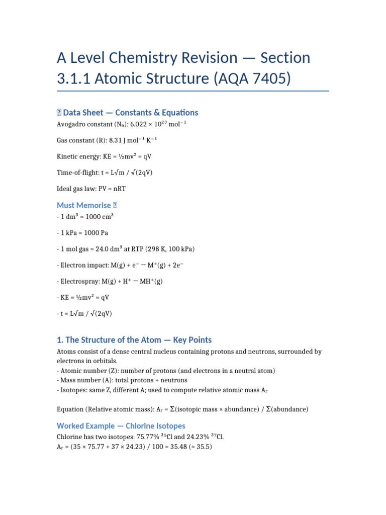 A Level Chemistry 3.1.1 Atomic Structure Full | PDF | Atoms | Atomic ...