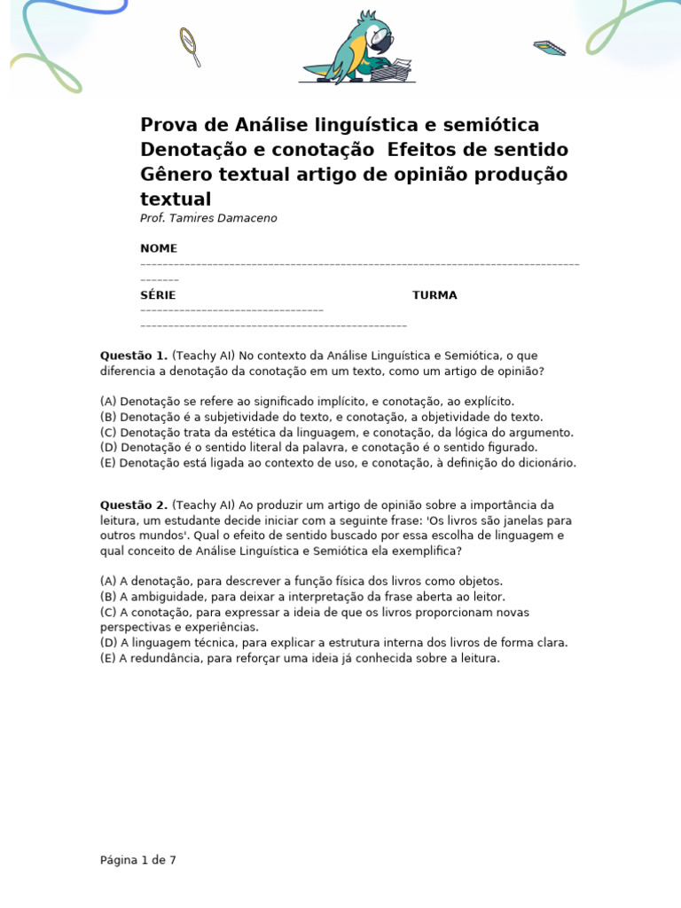Prova de Anlise Lingustica e Semitica Denotao e Co | PDF | Semiótica ...