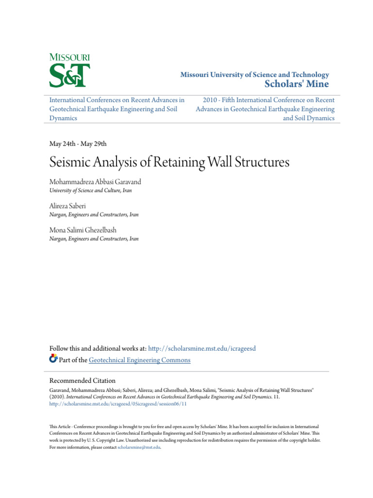 Seismic Analysis of Retaining Wall Structures | PDF | Elasticity ...
