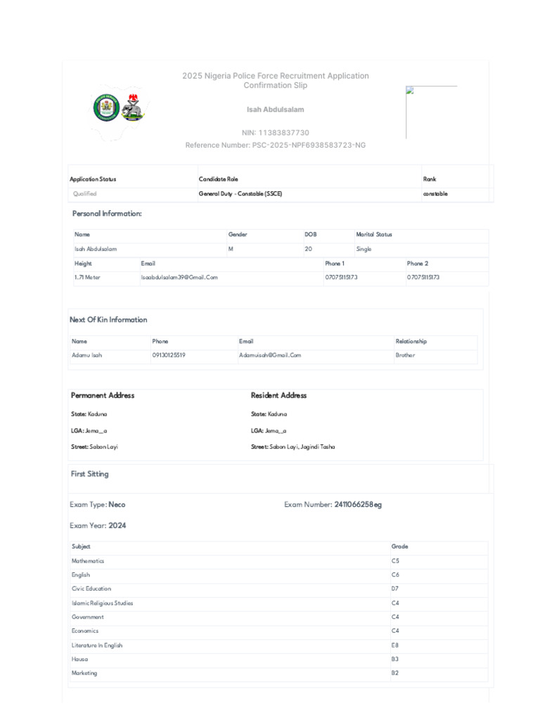 Abdulsalam Isah Police Form | PDF