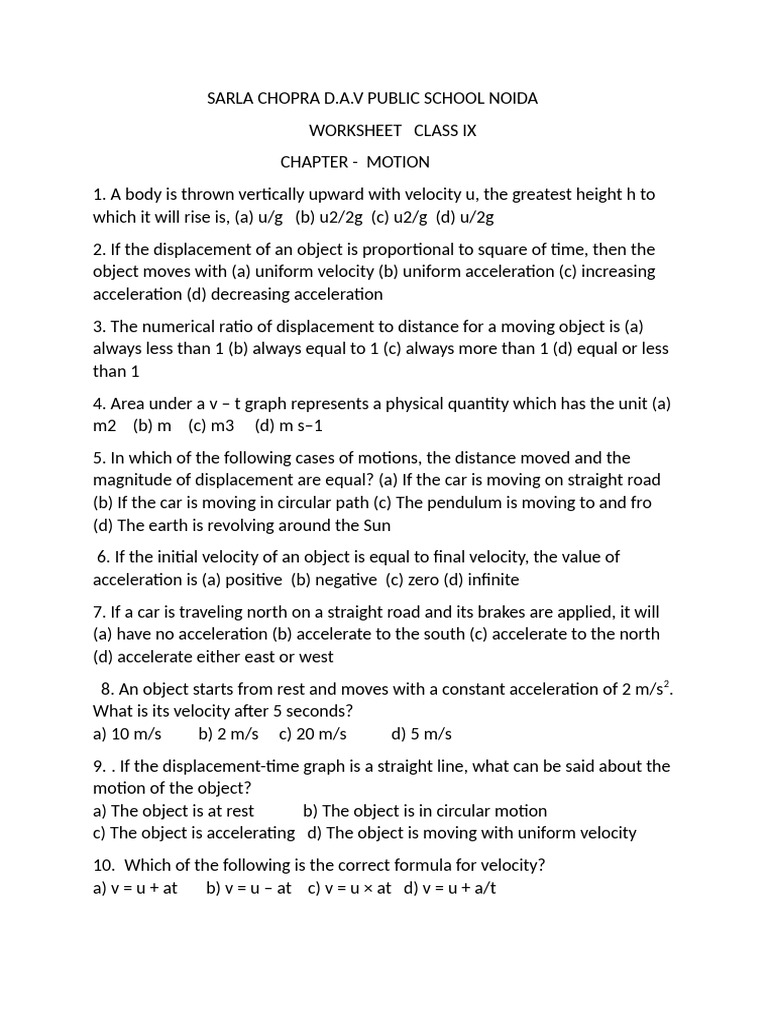 Motion Worksheet Class 9-1 | PDF | Acceleration | Velocity