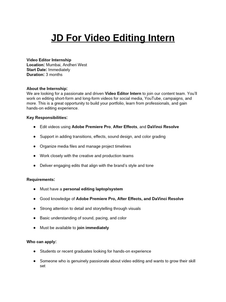 JD For Video Editing Intern | PDF