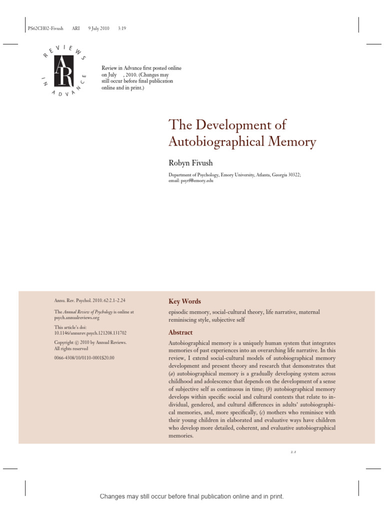 The Development of Autobiographical Memory Robyn Fivush | PDF | Memory ...