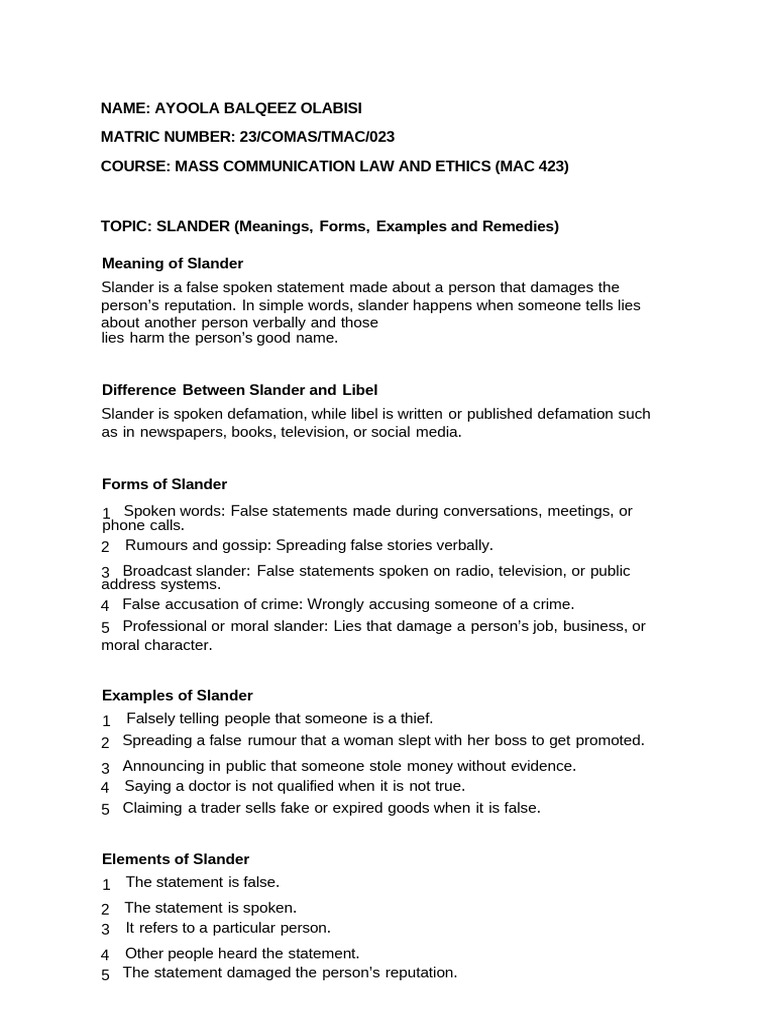 Slander Meanings Forms Examples and Remedies | PDF