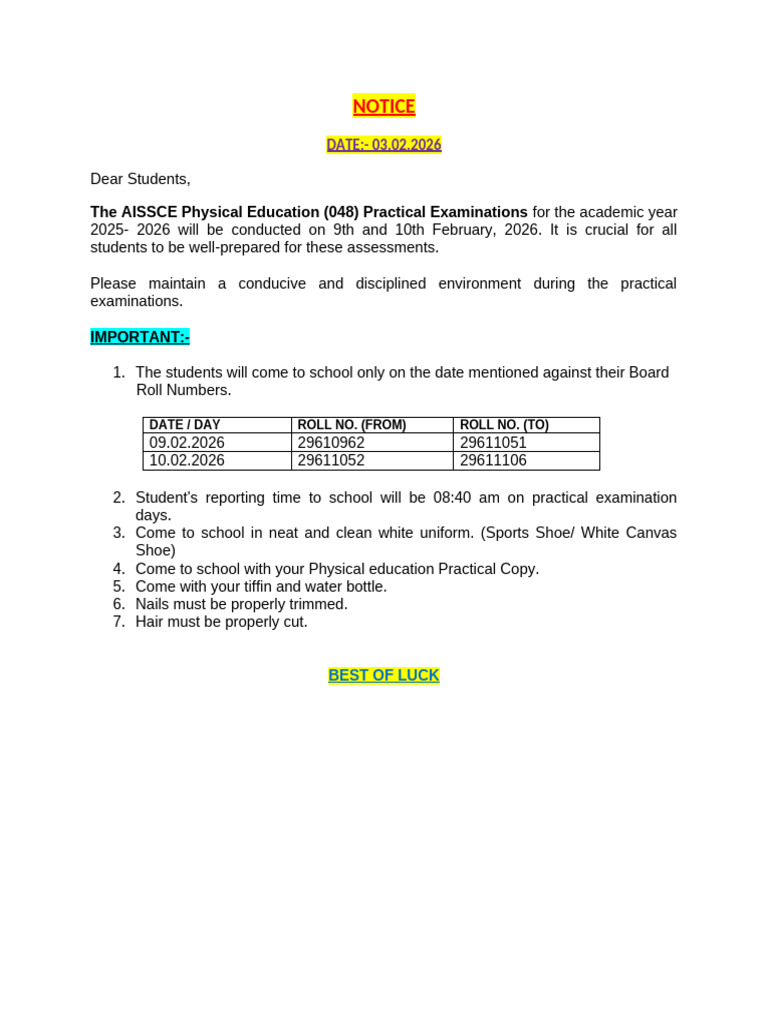 Notice For Practical Aissce Phe Education | PDF