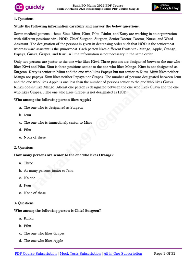 Bank PO Mains 2024 Reasoning Bundle PDF Course (Day-3) | PDF