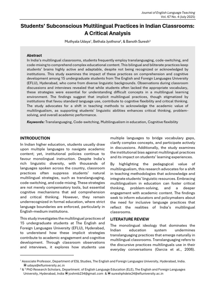 Students Subconscious Multilingual Practices in Indian Classrooms | PDF ...