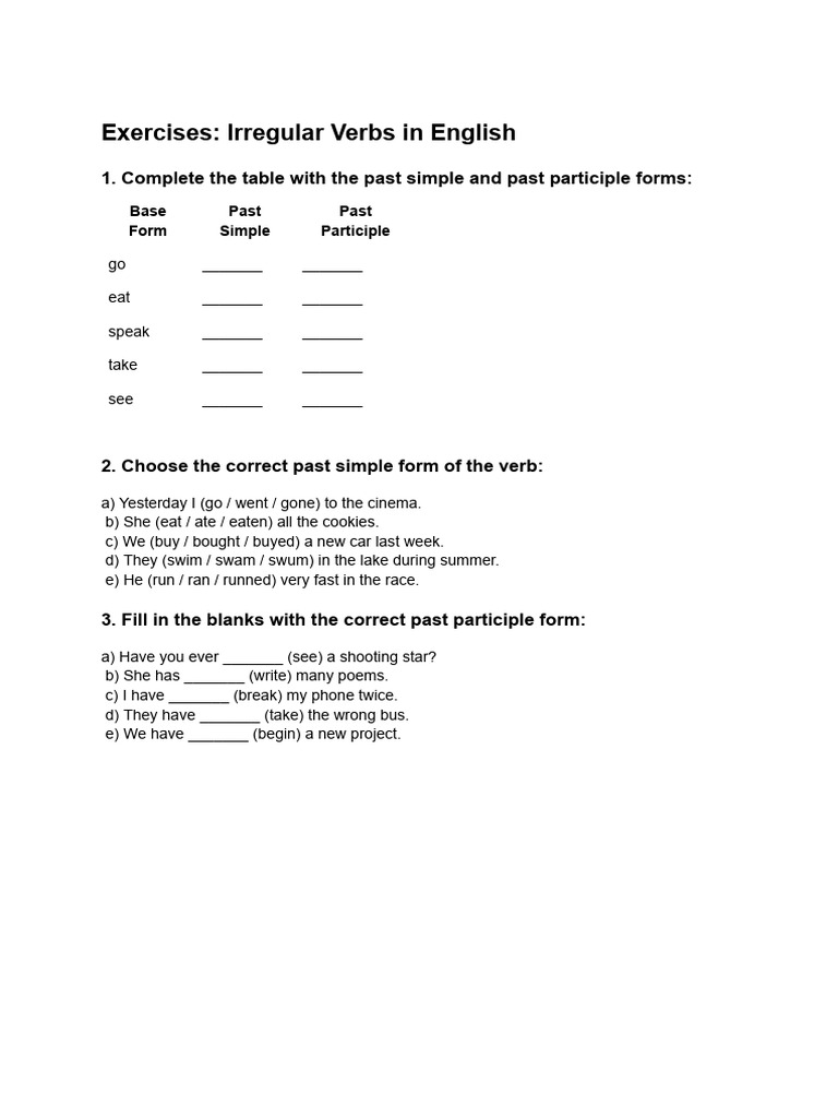 Exercises Irregular Verbs in English | PDF