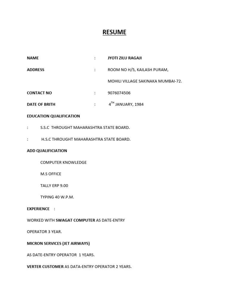 Resume Jyoti Zilu Ragaji | PDF