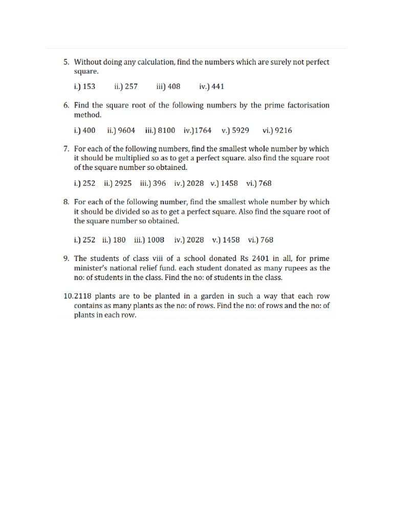 Square Roots and Squares Questions | PDF