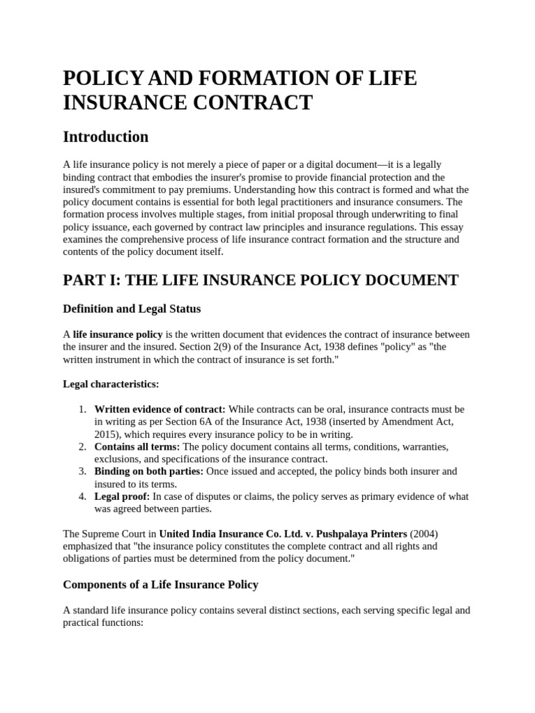 Policy and Formation of Life Insurance Contract | PDF | Insurance ...