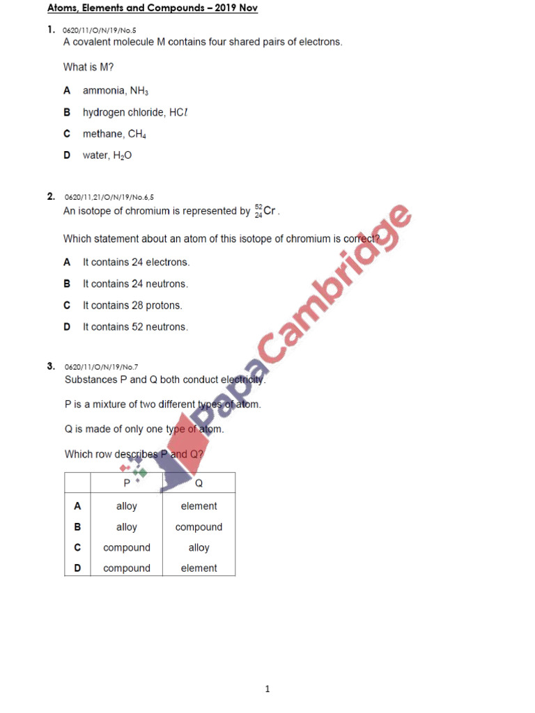 2019N Atoms Elements and Compd IGCSE Mult | PDF