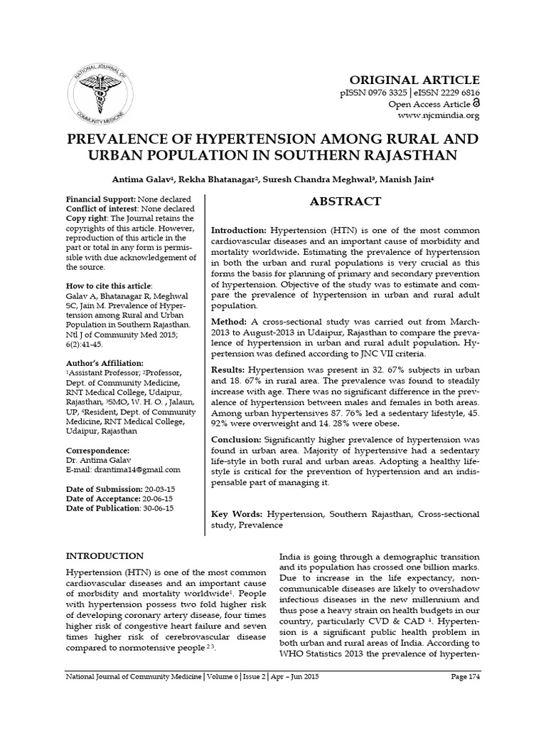 Prevalence of Hypertension Among Rural and Urban Population in Southern ...