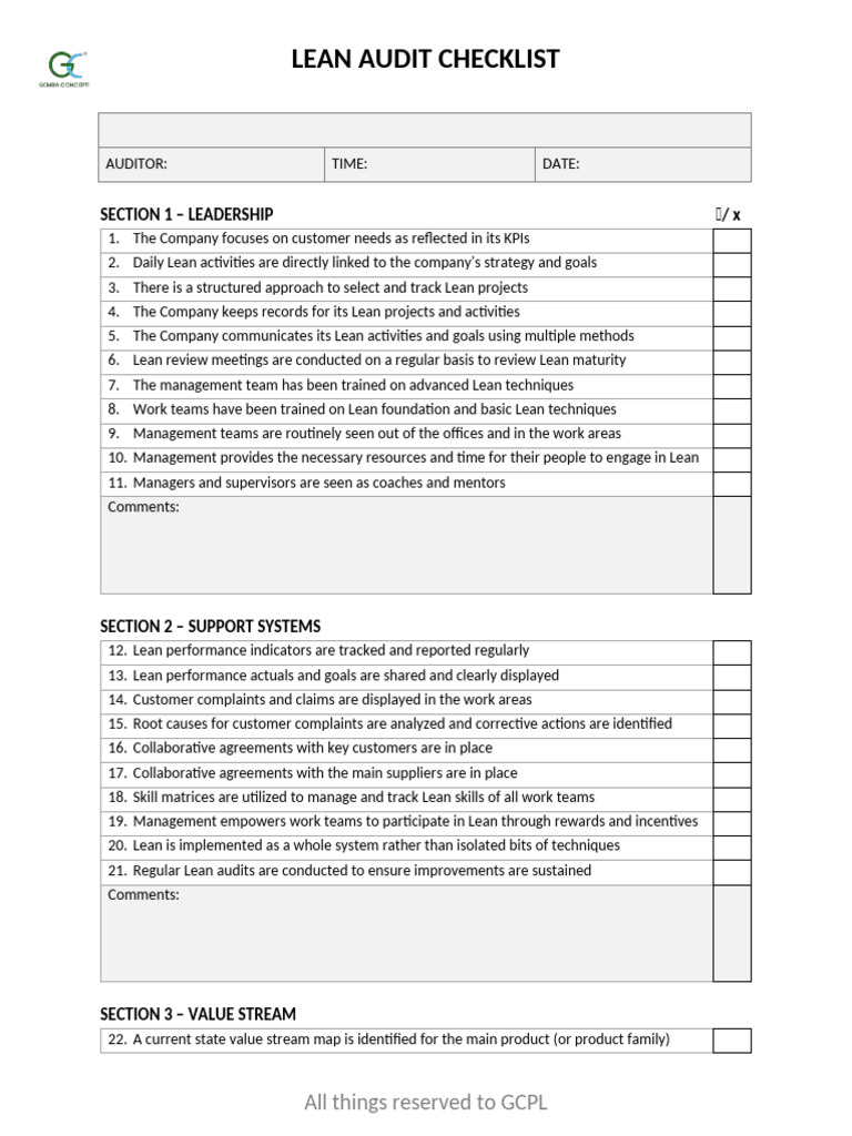 Lean Audit Checklist | PDF | Lean Manufacturing | Performance Indicator