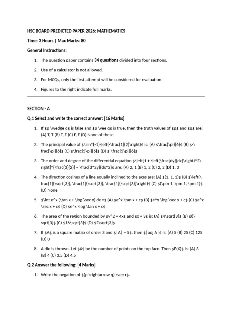 HSC Board Predicted Maths Paper 2026 | PDF | Pi | Physics