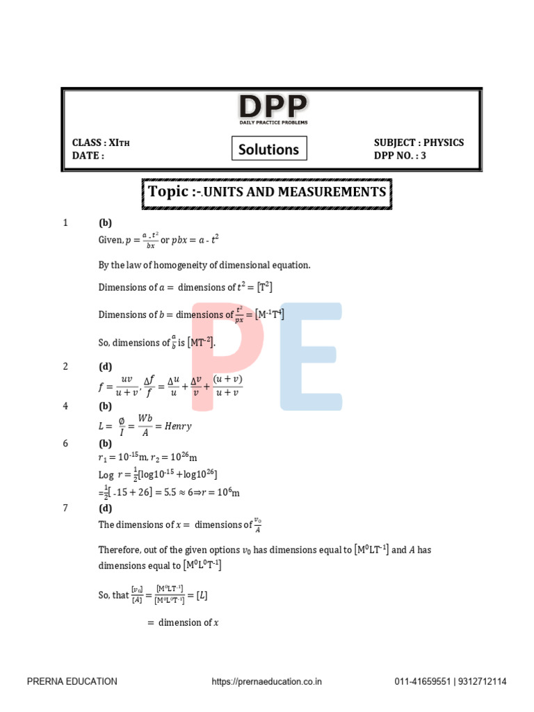 Units and Measurements DPP 3 SOLUTION Min | PDF | Physical Chemistry ...