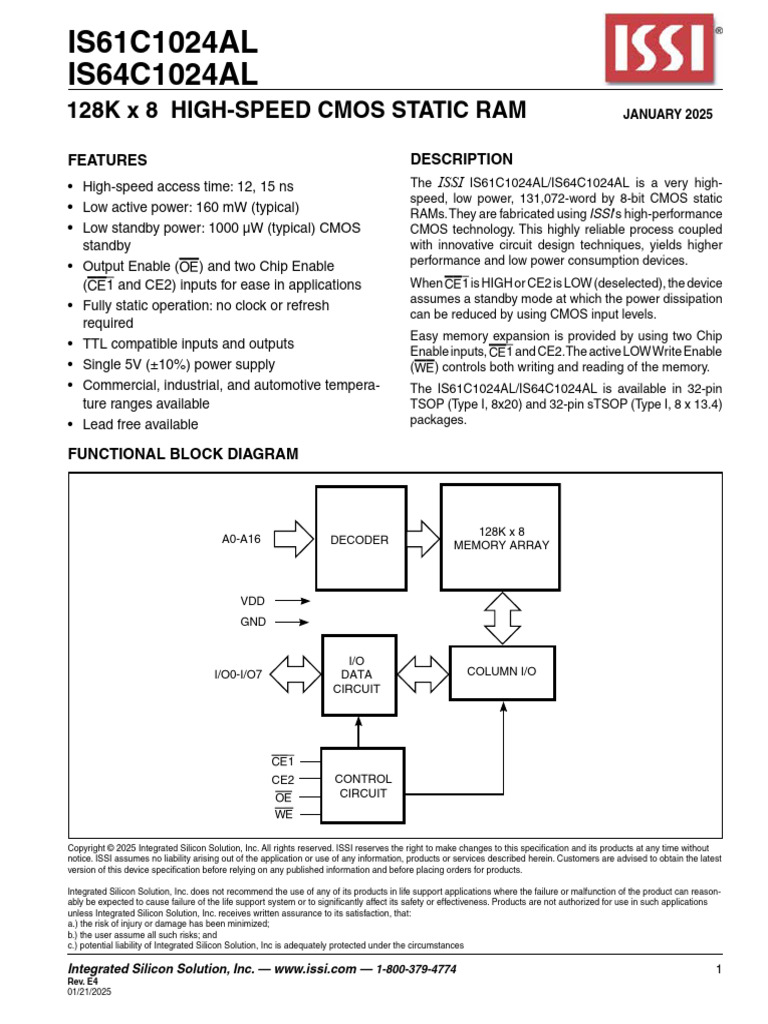 SRAM Datasheet 61-64C1024AL | PDF | Cmos | Electrical Components