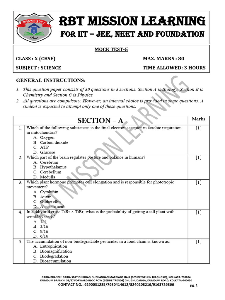 Class 10 Cbse Mock Test Science | PDF | Chemistry