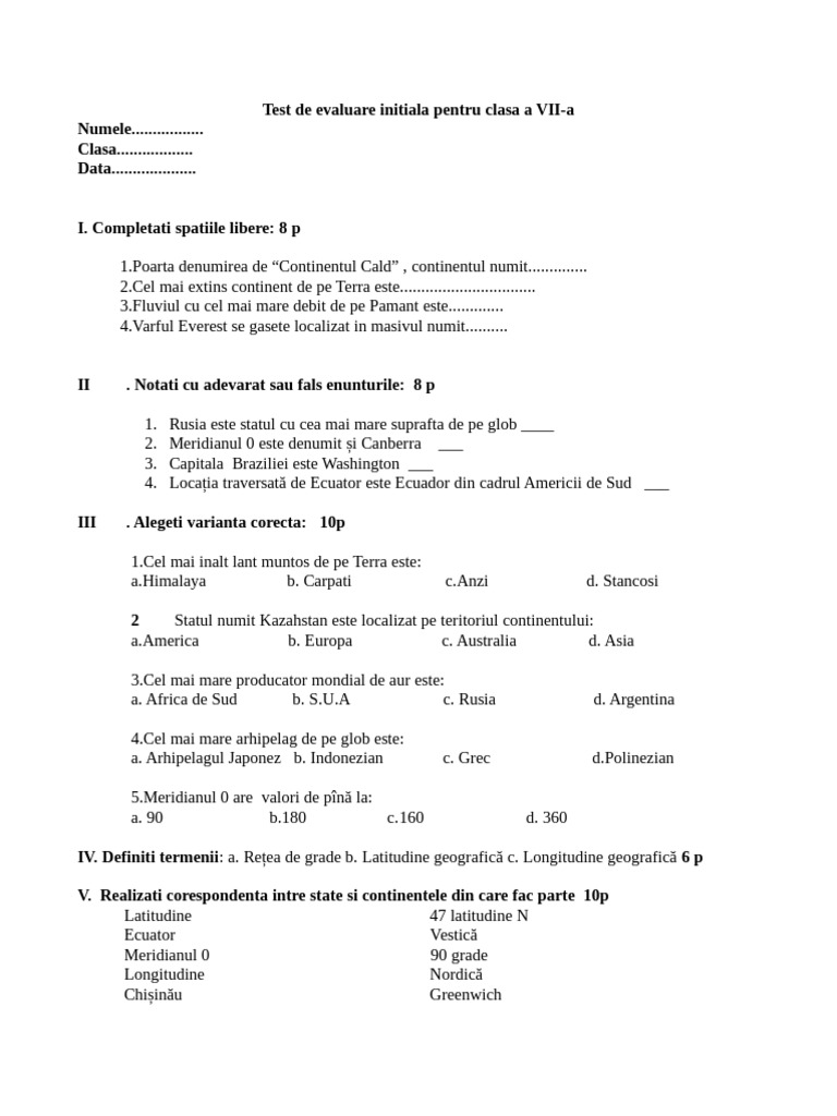 Test de Evaluare Initiala Pentru Clasa a VII A | PDF