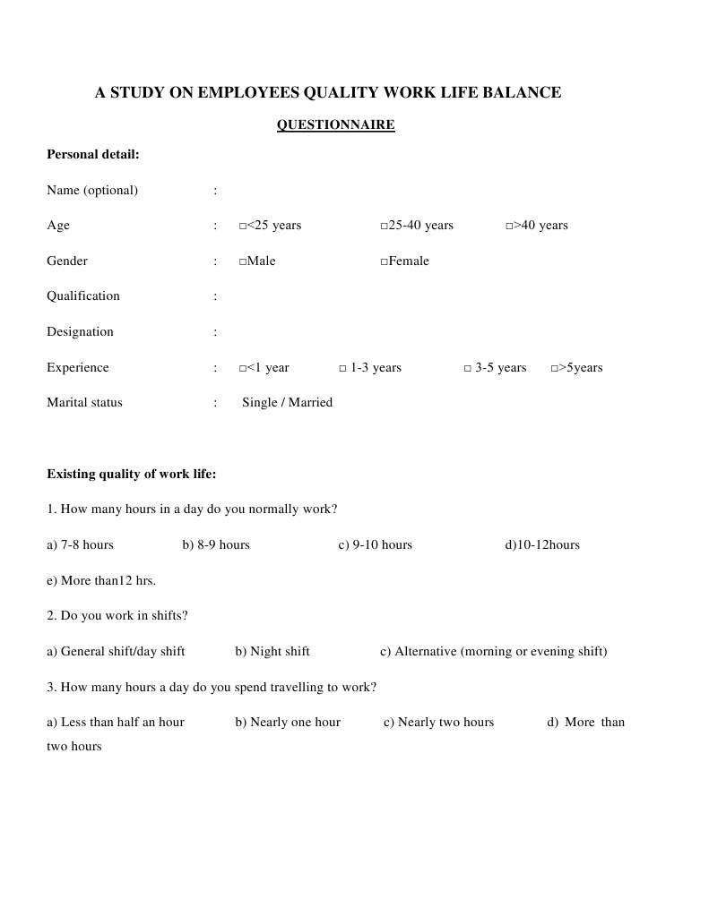 A Study On Employees Quality Work Life Balance: Questionnaire Personal ...