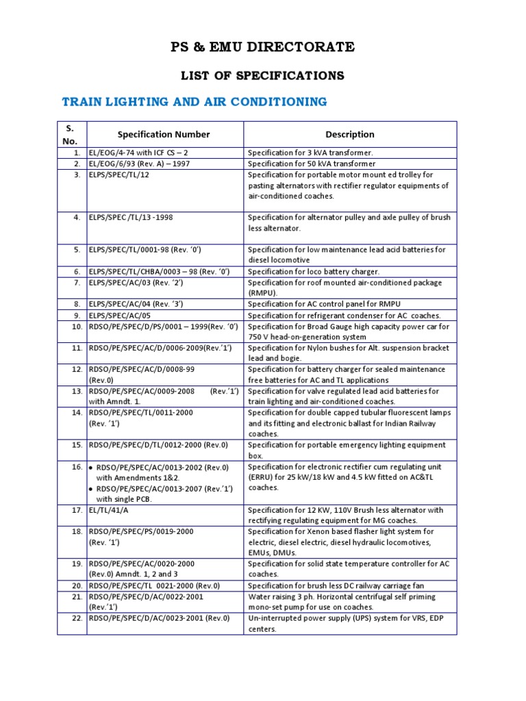 Specifications List Power Supply RDSO Alternating Current Rectifier