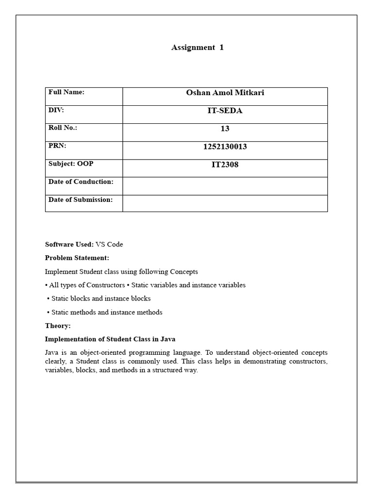 Oop Assi 1 | PDF | Constructor (Object Oriented Programming) | Programming