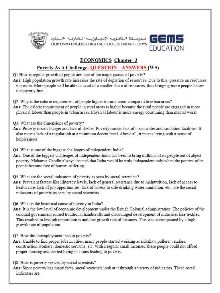 Economics - Chapter - 3 - Poverty As A Challenge-WSQuestion - Answers ...
