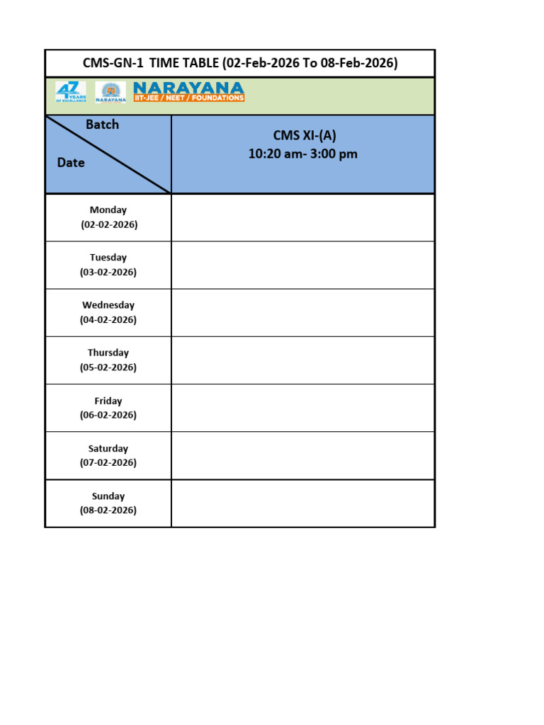 CMS-GN-1 TIME TABLE (02-Feb-2026 To 08-Feb-2026) - 1 | PDF