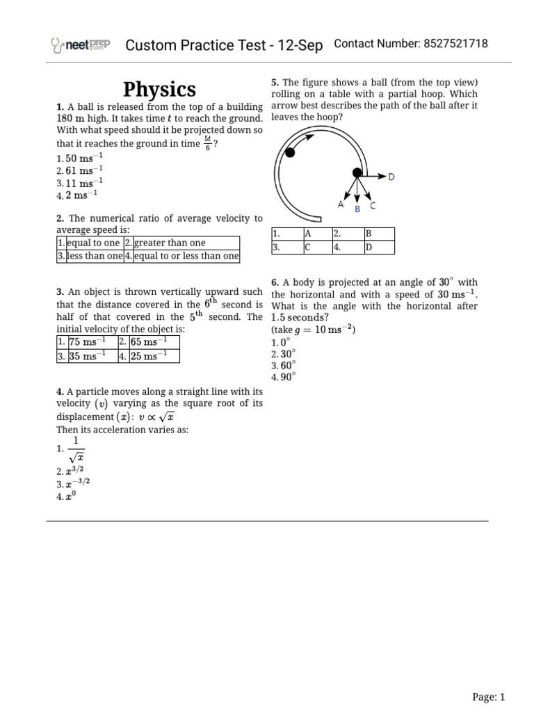 Custom Practice Test - 12-Sep | PDF | Acceleration | Projectiles