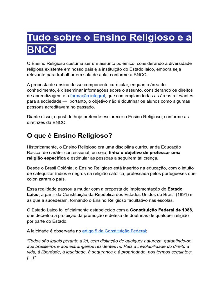 Tudo Sobre o Ensino Religioso e A BNCC | PDF