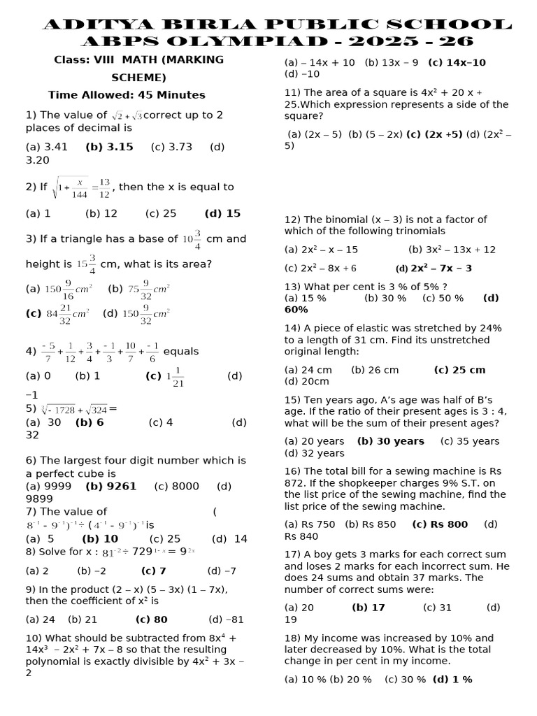 Class 8TH Second Math Olympiad MS Final | PDF | Rectangle | Geometric ...